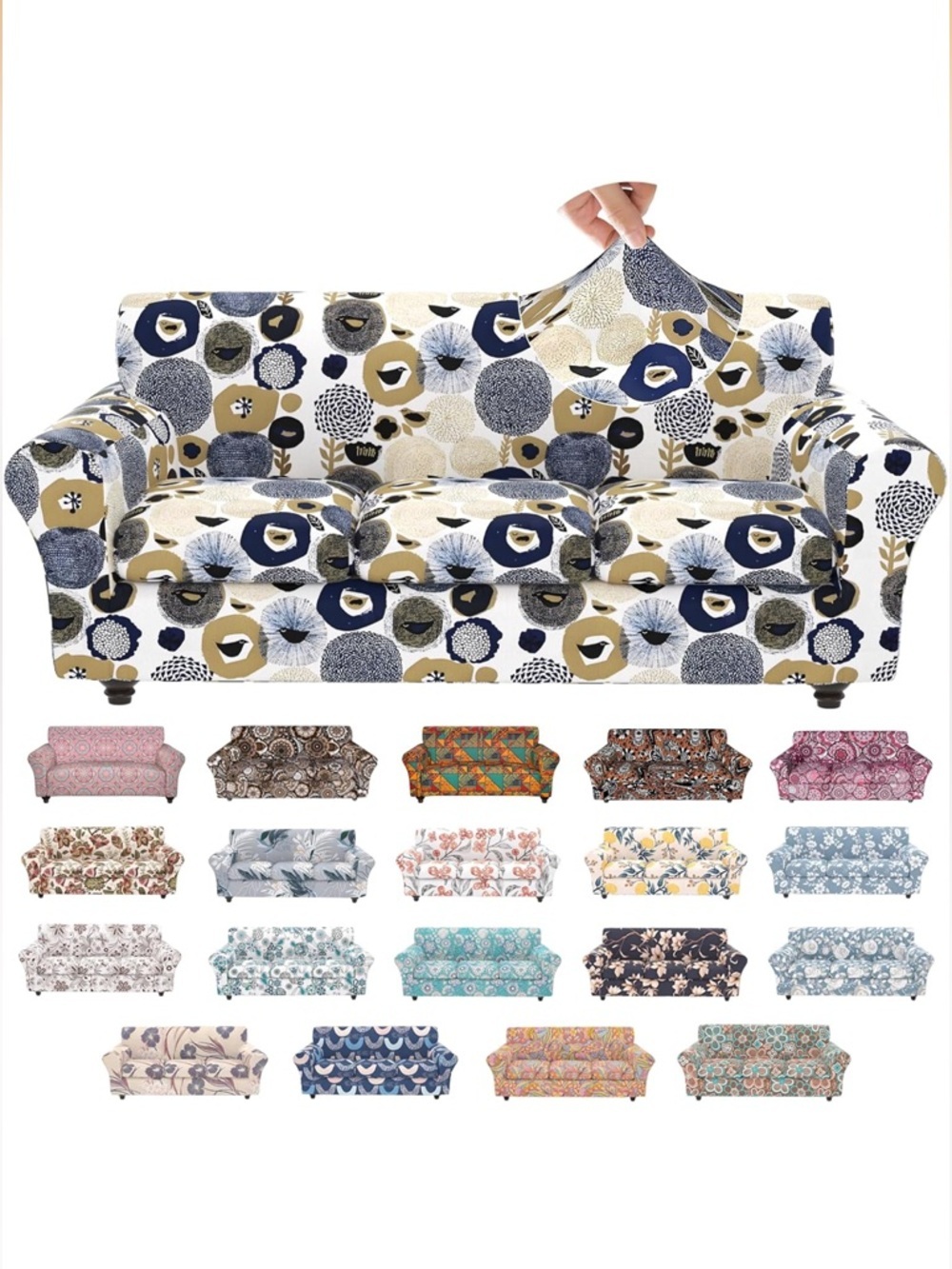 Printed Floral Stretch Sofa Slipcover - Blue & Tan